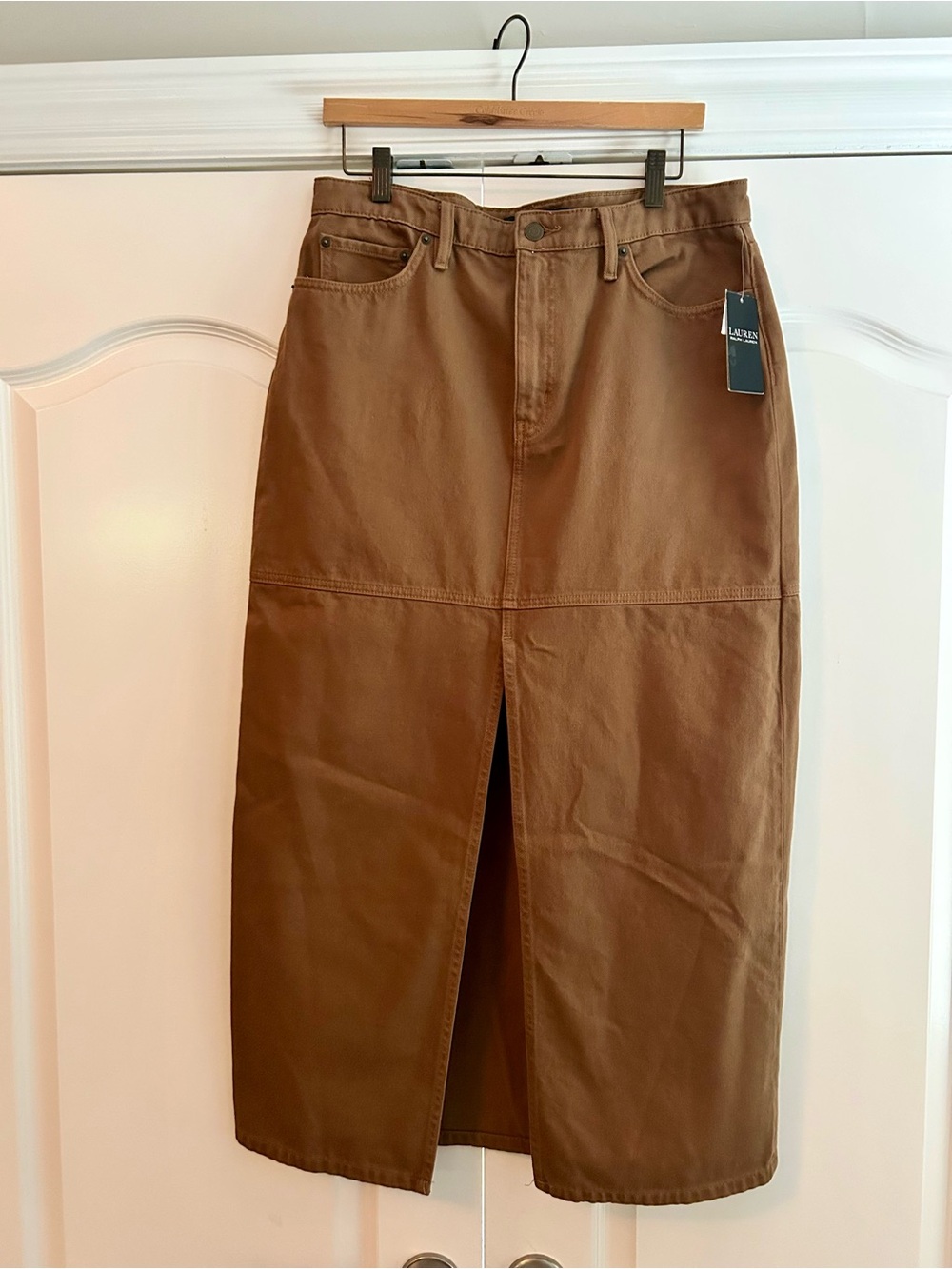 Lauren Ralph Lauren Womens Split Front Honey Tan Denim Maxi Pencil Skirt Size 12